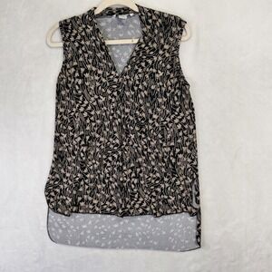 DKR Womens Small Black Tan Floral Tulip Bird Print High Low Sleeveless Tunic Top